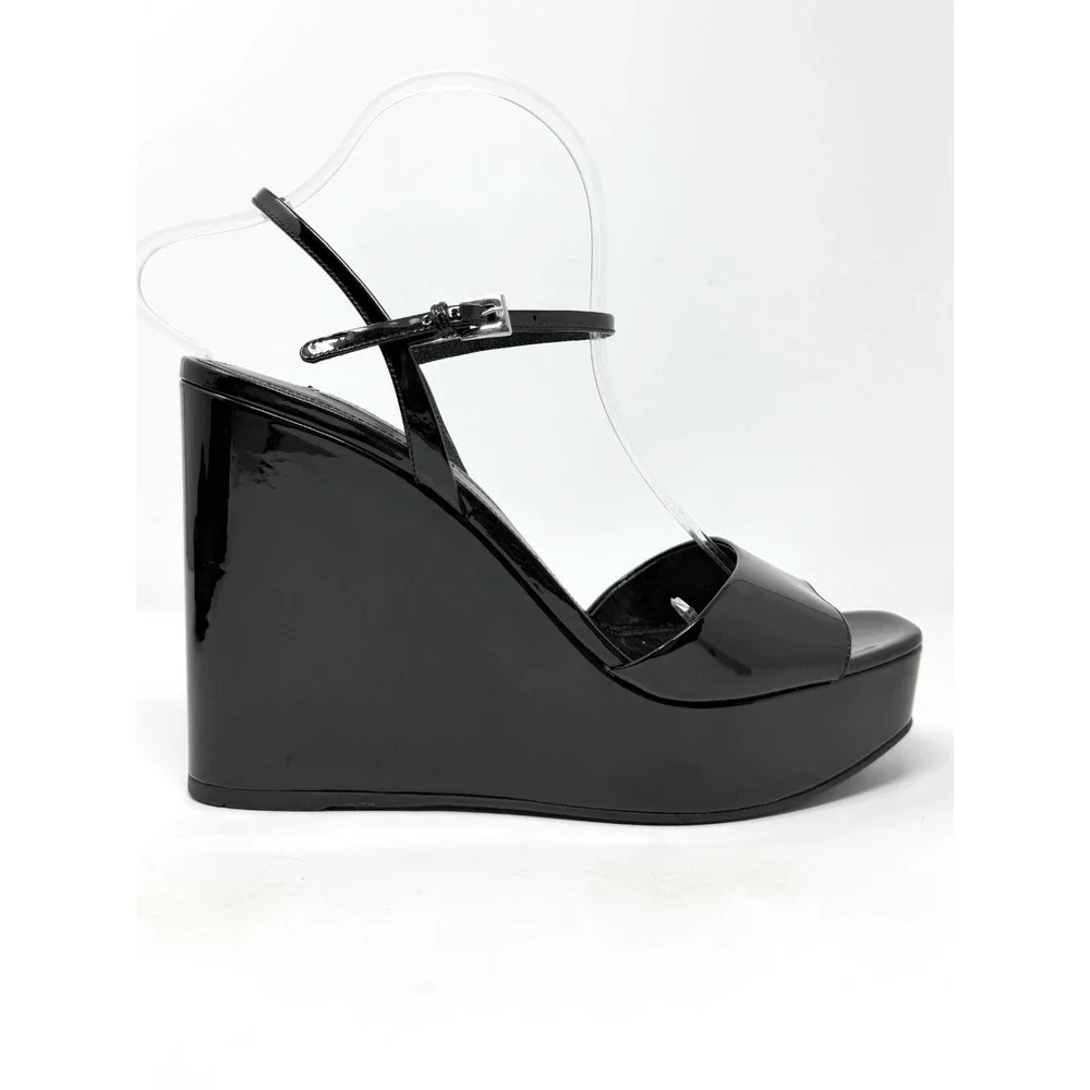 Prada Black Patent Leather Platform Wedge Sandals‎ Size 41 Ankle Strap Heels
